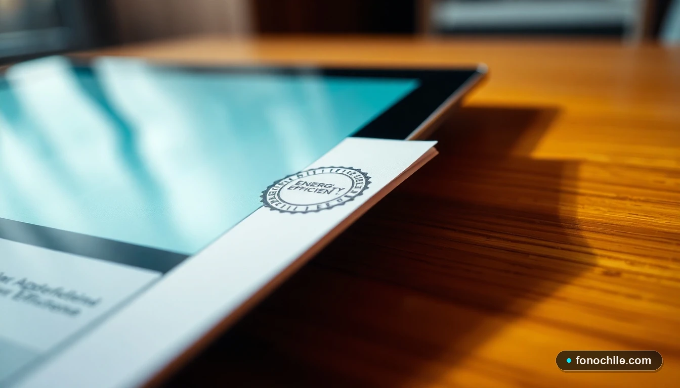 Sello oficial y detalle del documento del Certificado Energético Fensa 2026 en un entorno de oficina moderna