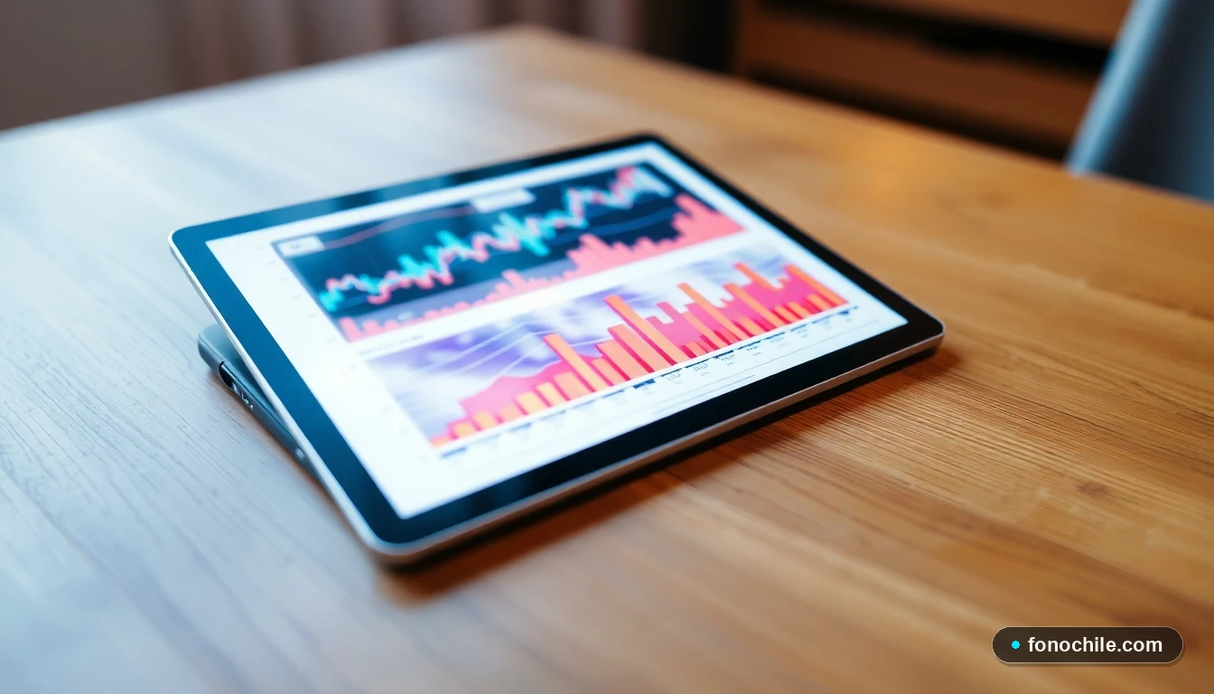 Tableta mostrando gráficos abstractos de colores sobre métricas de servicio al cliente y satisfacción del usuario.