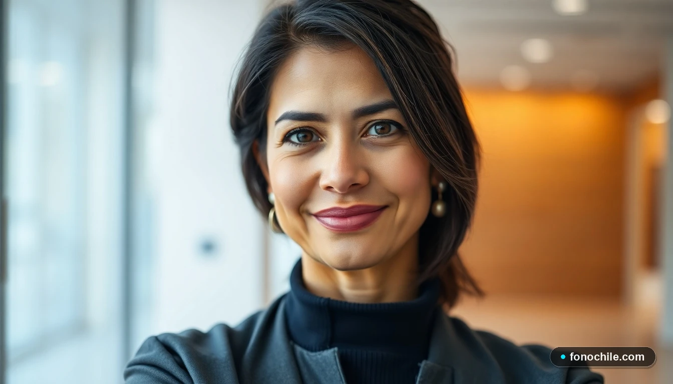 Retrato profesional de una mujer hispana, representando el servicio al ciudadano de ChileAtiende, con expresión amable y confiable.