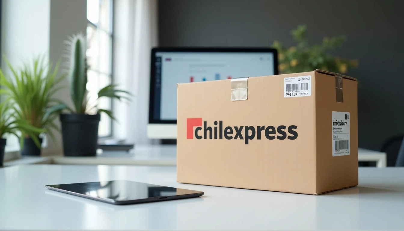Paquete de Chilexpress con etiqueta de seguimiento en una oficina moderna