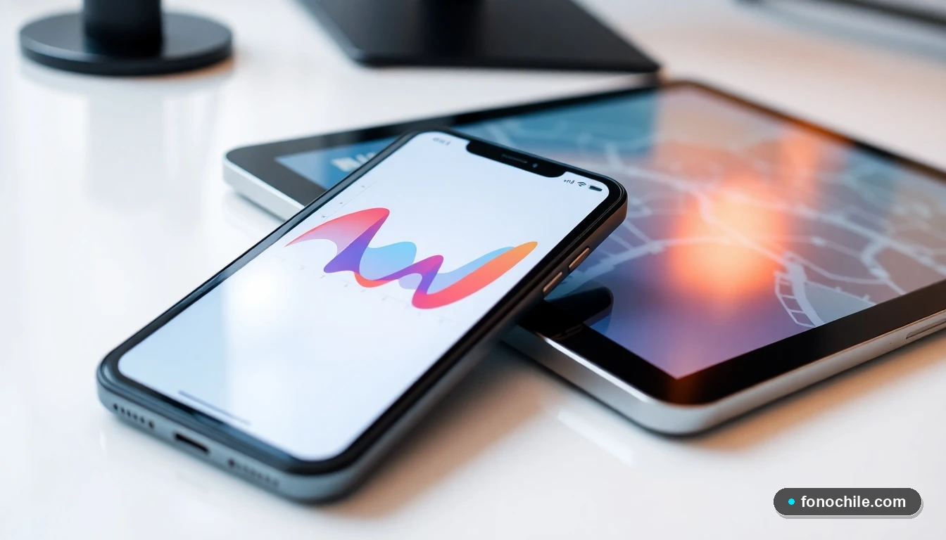 Dispositivos modernos mostrando gráficos abstractos e interfaz de mapa genérica, representando el rastreo digital de envíos de Chilexpress.