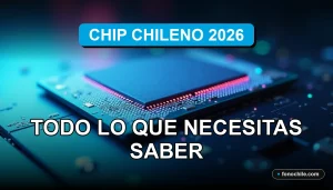 Un primer plano abstracto del chip chileno 2026 sobre una superficie de cuarzo, con gráficos de datos borrosos de colores reflejados.