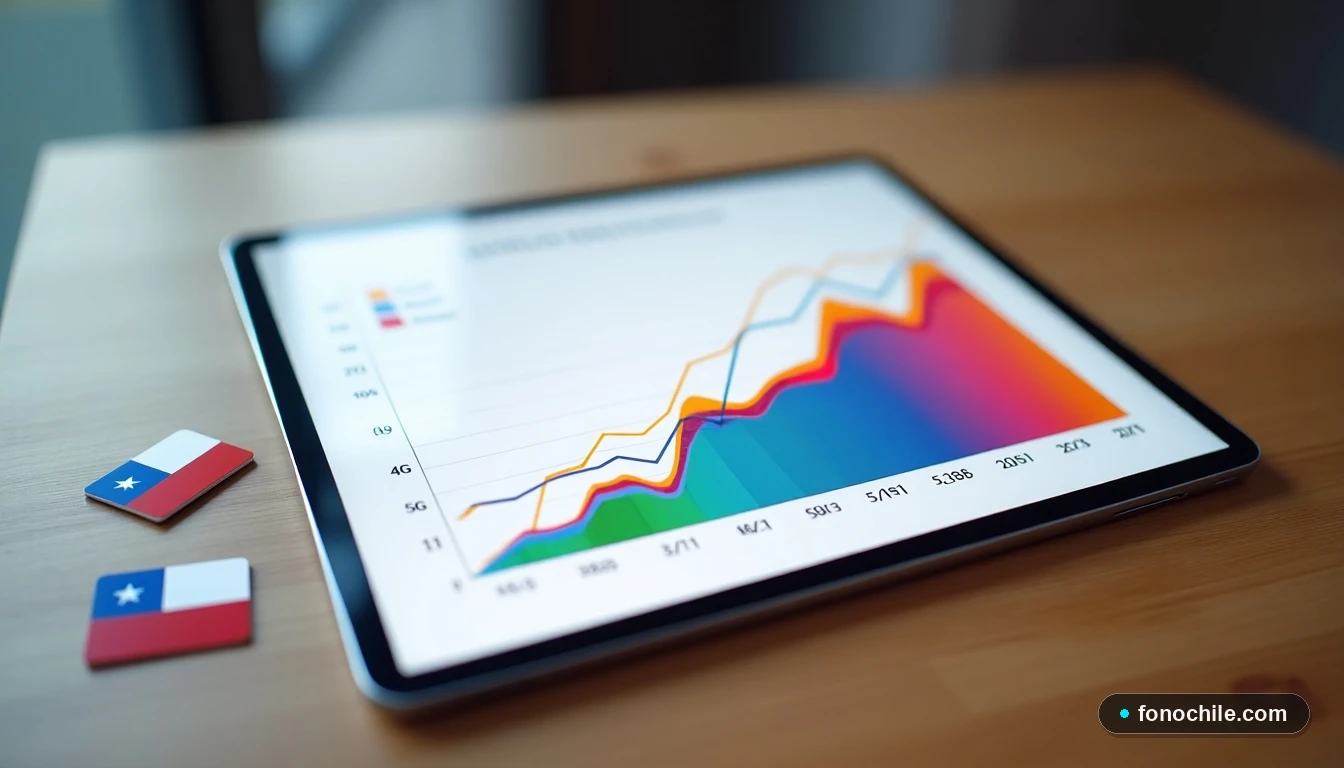 Gráfico abstracto de adopción de redes móviles en Chile junto a un chip SIM con diseño de bandera chilena