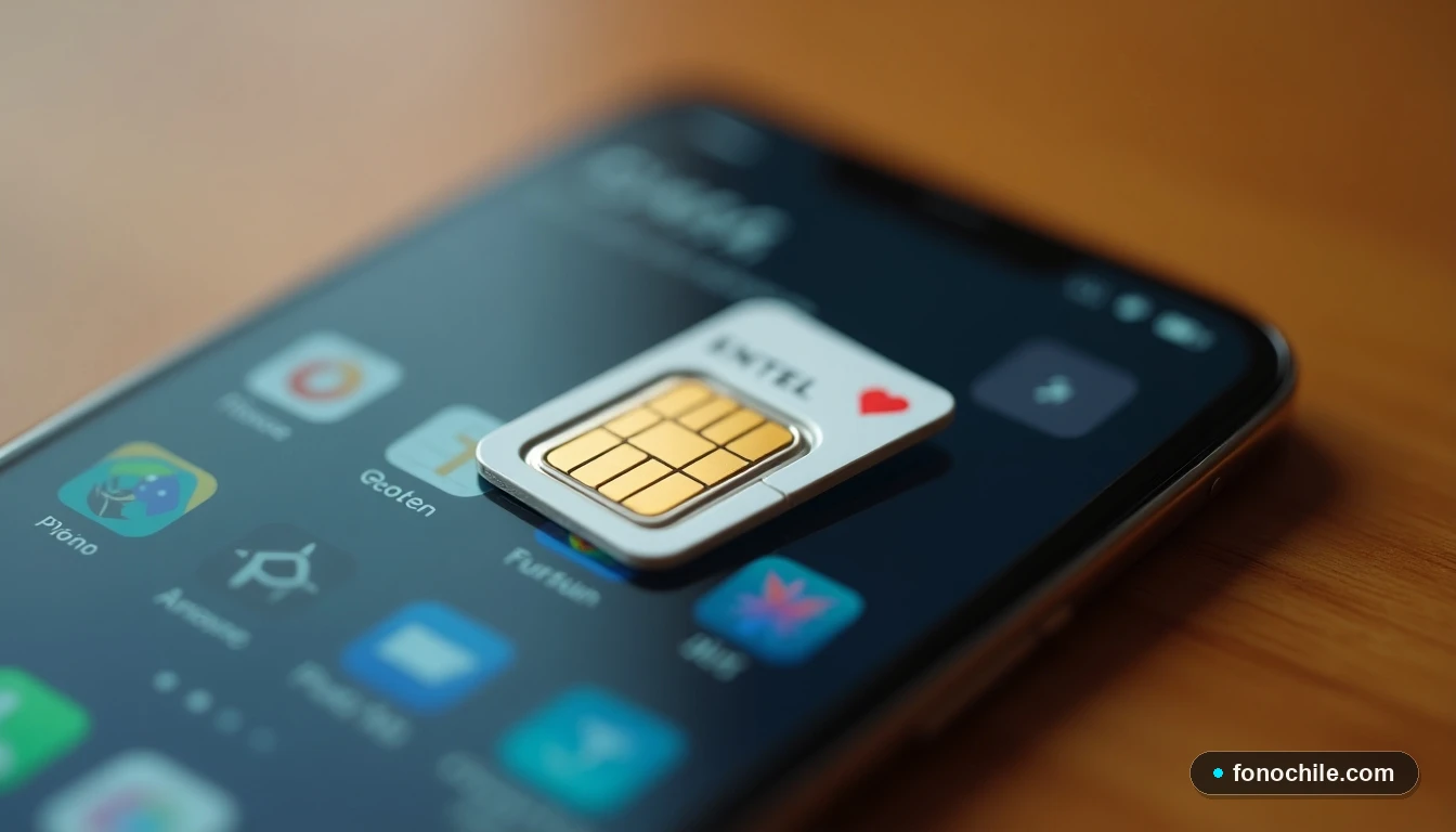 Primer plano detallado del Chip Entel 2025 junto a un teléfono inteligente en un escritorio minimalista.