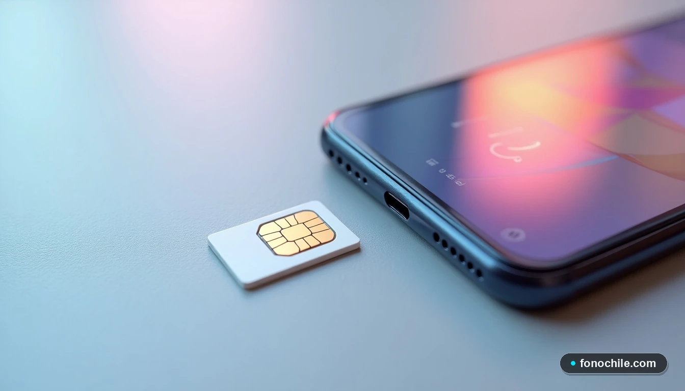 Vista superior de chip SIM y teléfono inteligente con interfaz genérica en pantalla.