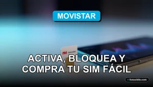 Chip SIM Movistar 2026 sobre una mesa con gráficos abstractos de colores en un teléfono inteligente.