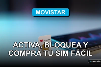 Chip SIM Movistar 2026 sobre una mesa con gráficos abstractos de colores en un teléfono inteligente.