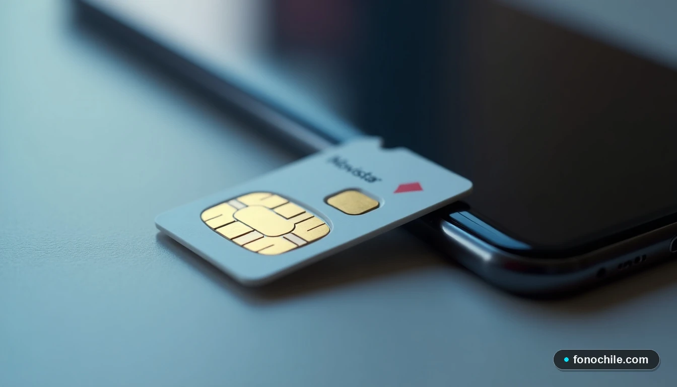 Primer plano detallado del chip SIM Movistar 2026 mostrando sus contactos dorados sobre una superficie blanca.