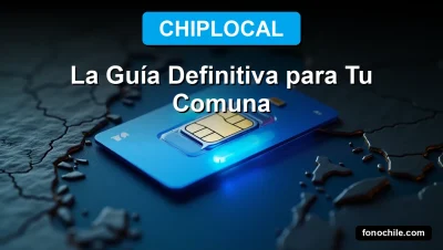 A close-up of a modern prepaid SIM card on a textured surface, with a map of Chile's communes subtly glowing beneath it.