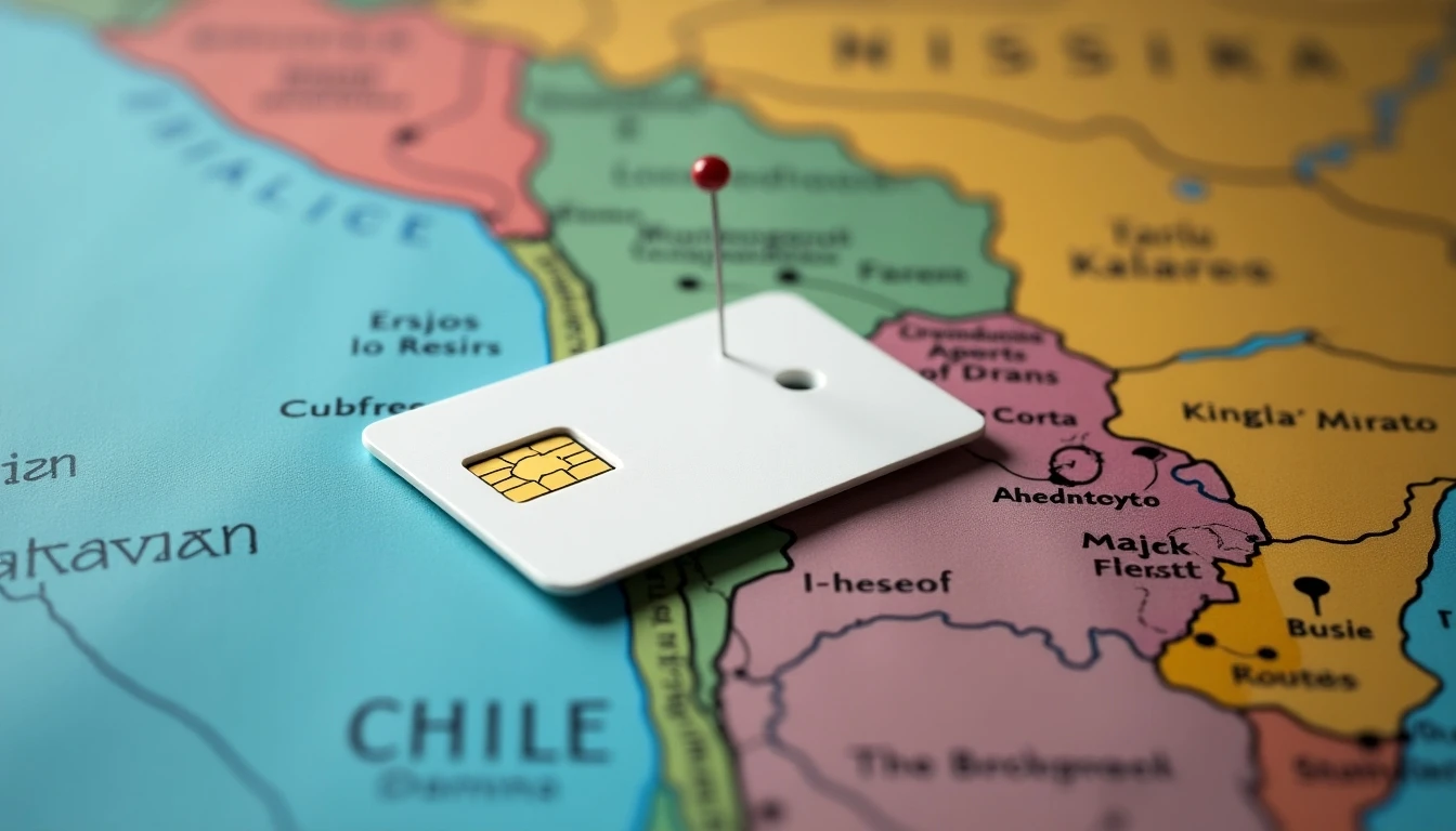 Chip de prepago sobre un mapa detallado de Chile resaltando la cobertura local en diferentes comunas.