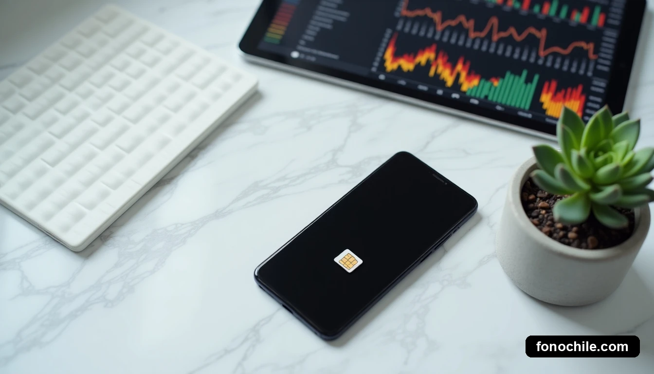 Disposición plana de un teléfono inteligente moderno y un chip SIM sobre una superficie de mármol gris, junto a una planta suculenta.