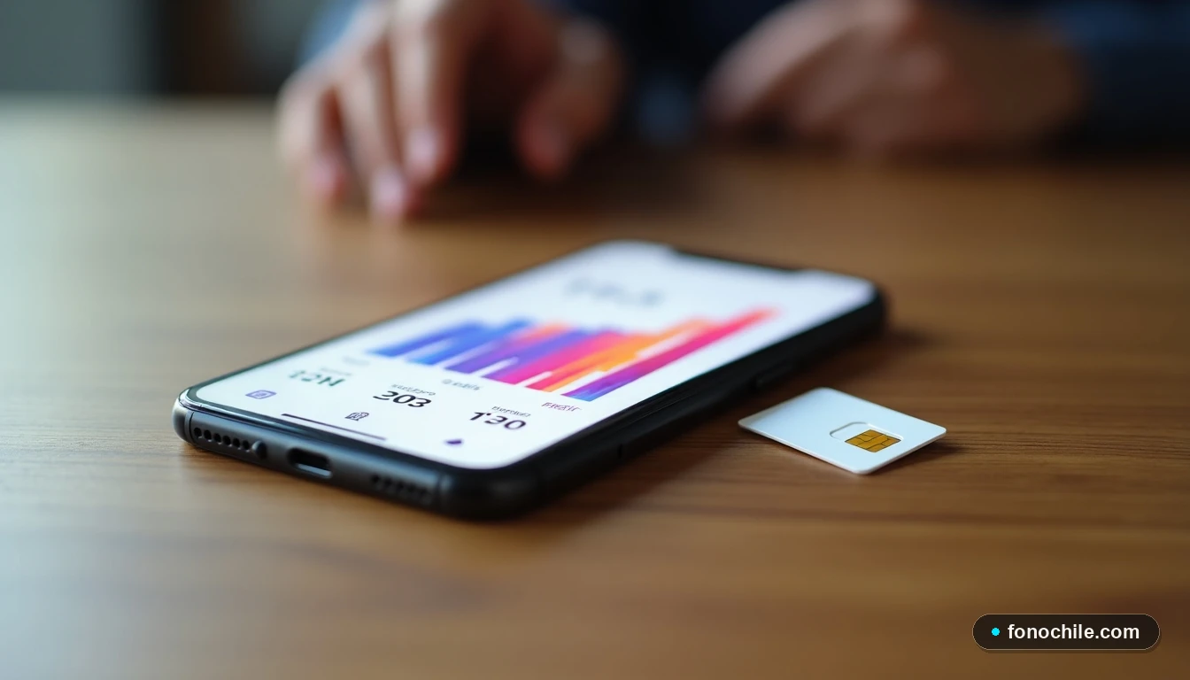 Smartphone con gráfico de datos y chip prepago local sobre una mesa de madera.