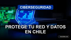 Imagen conceptual de ciberseguridad empresarial en Chile 2026, mostrando un escudo digital protegiendo datos en una red corporativa.