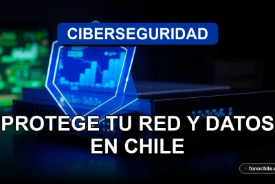 Imagen conceptual de ciberseguridad empresarial en Chile 2026, mostrando un escudo digital protegiendo datos en una red corporativa.
