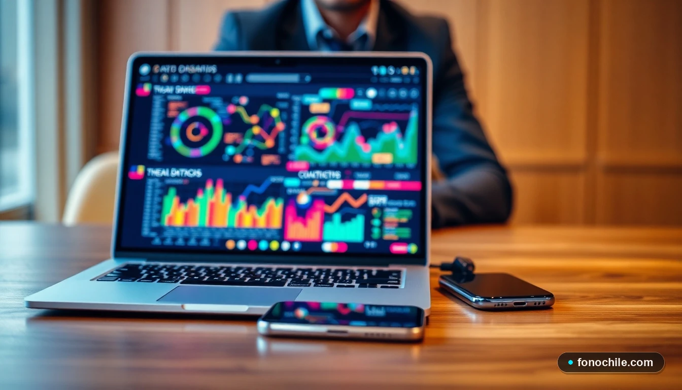 Panel de control abstracto de ciberseguridad empresarial mostrando gráficos de red y detección de amenazas en dispositivos sobre un escritorio.