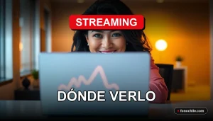Una mujer latina sonríe mientras mira una pantalla con gráficos de colores, representando la plataforma de streaming para cine chileno.