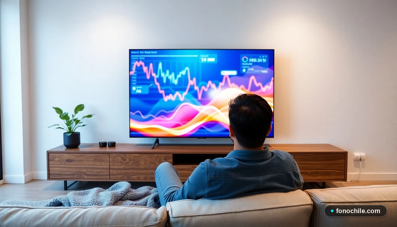 Pantalla de Smart TV mostrando gráficos de análisis de streaming en un living moderno, viendo cine chileno.