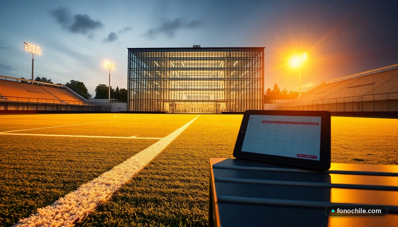 Vista interior de las canchas y edificio principal de la Ciudad Deportiva Iván Zamorano al atardecer.