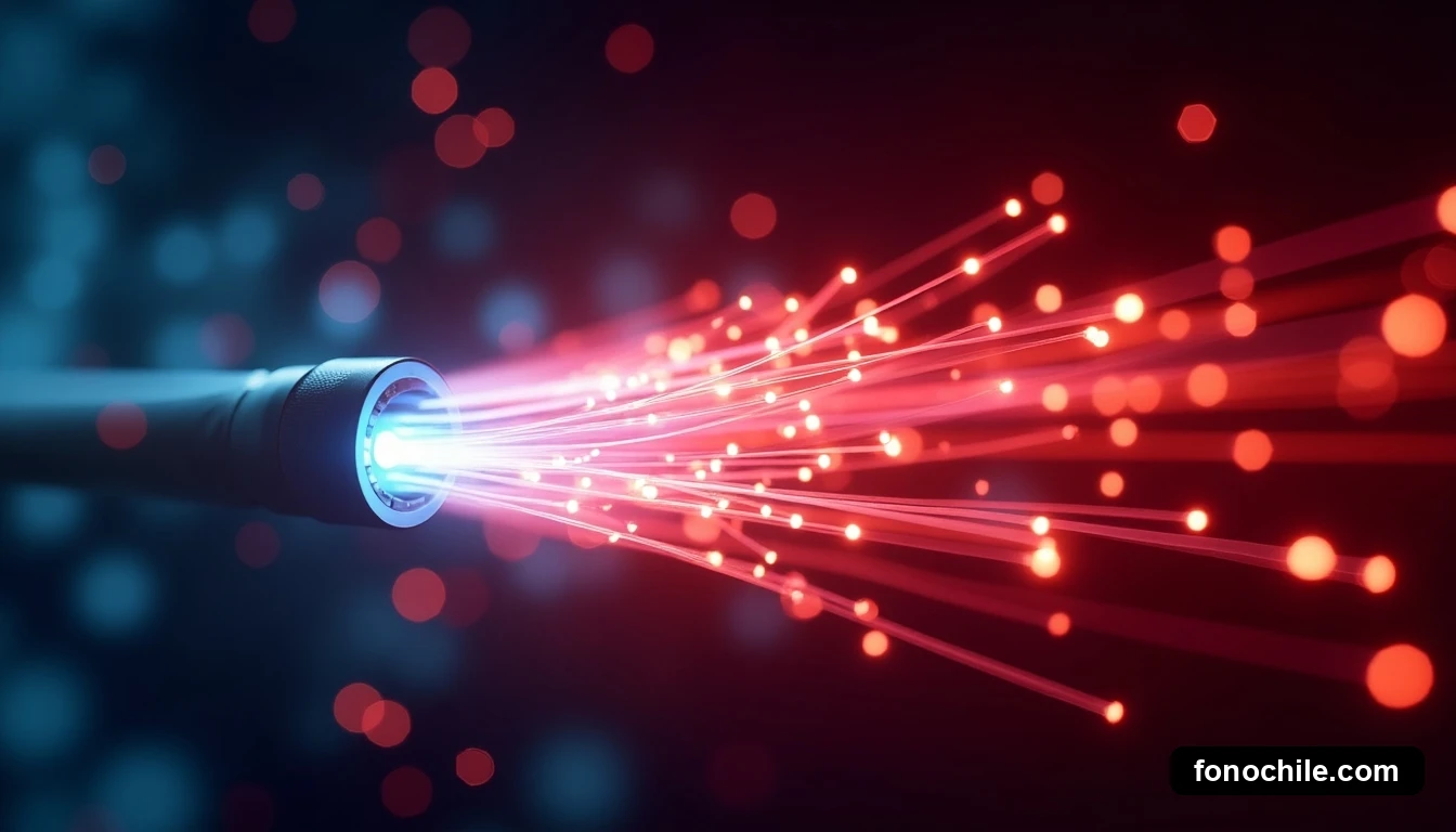Primer plano abstracto de cables de fibra óptica con pulsos de luz roja y blanca, representando la velocidad y capacidad de la futura red 5G.