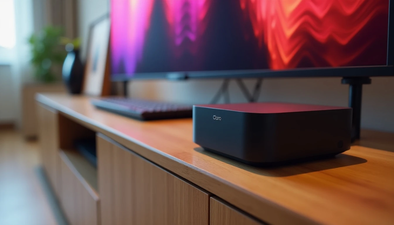 Decodificador Claro Box TV 2026 junto a su control remoto en un mueble de sala moderno