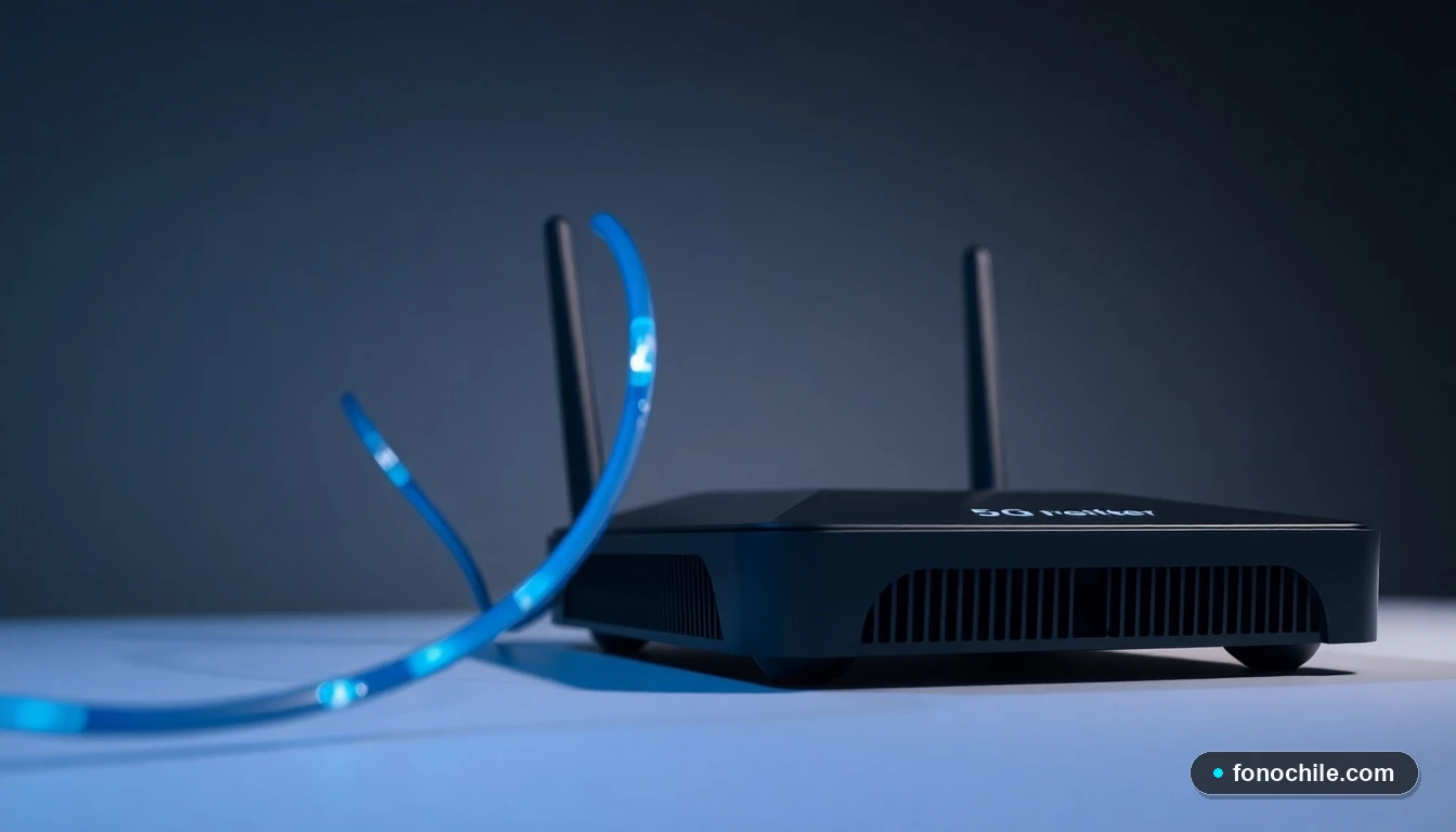 Router 5G y módem de fibra óptica de Claro Chile, representando velocidad y cobertura de red.