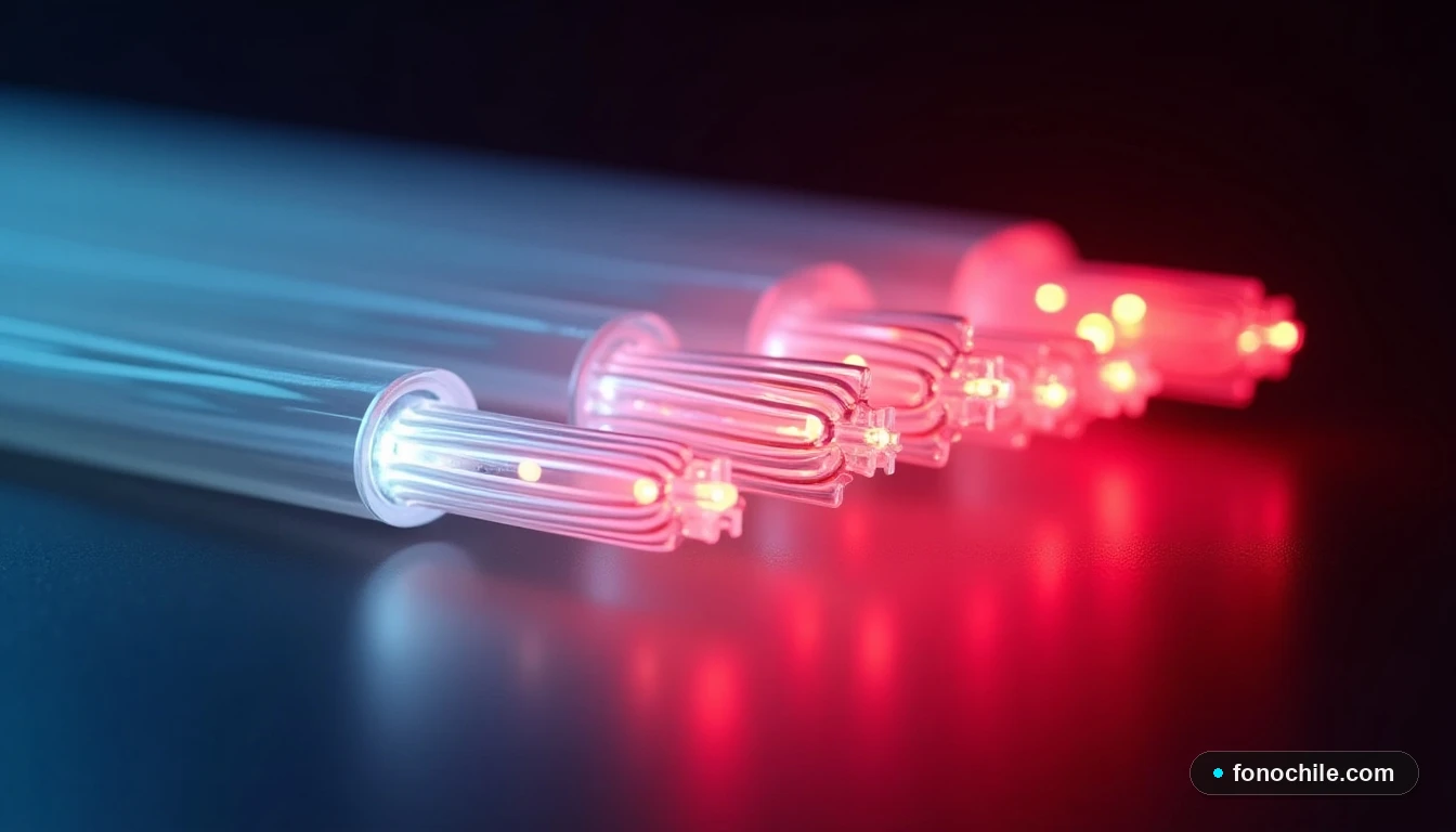 Detalle macro de cables de fibra óptica de Claro iluminados, representando la infraestructura de alta velocidad.