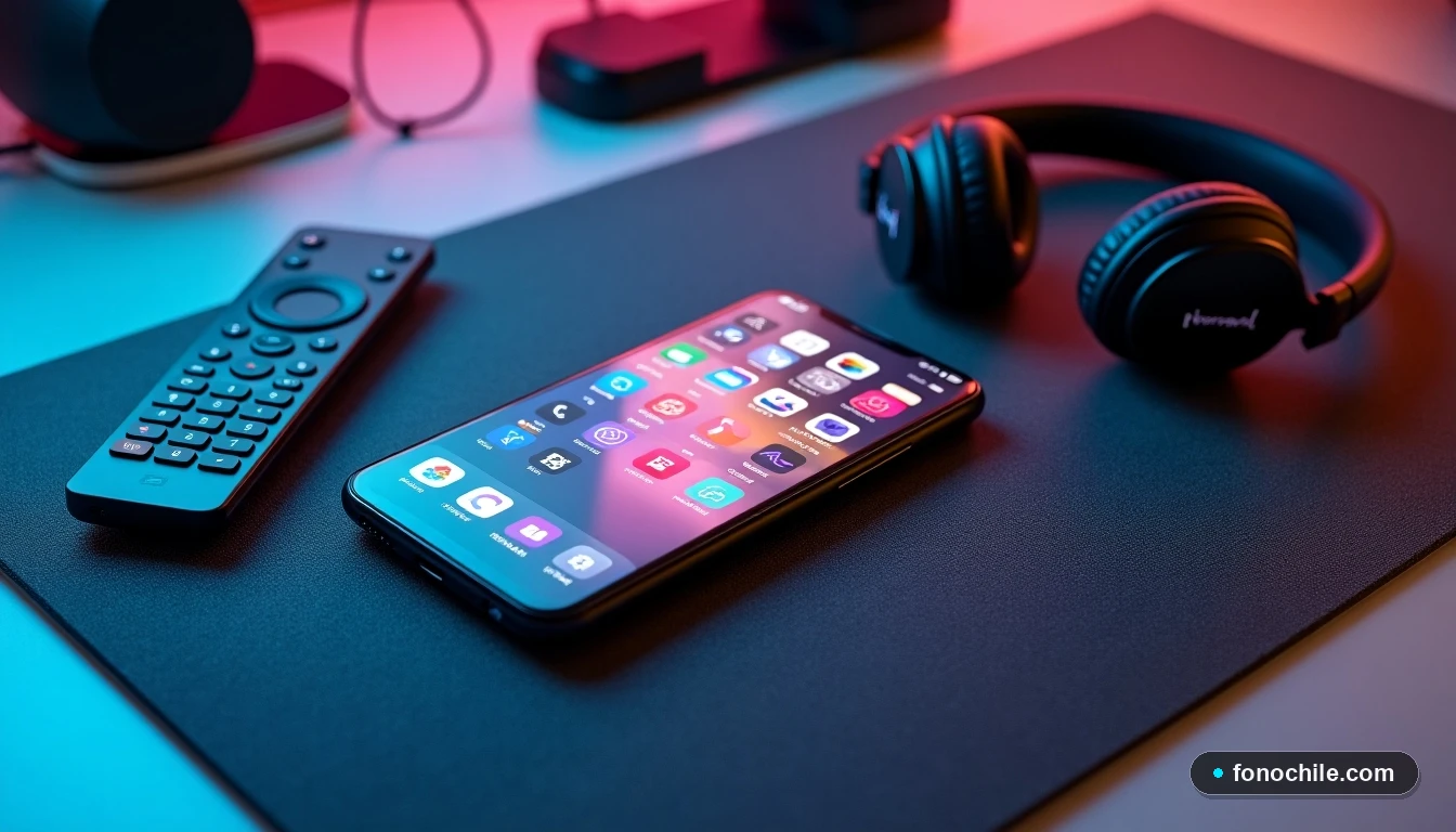 Dispositivos tecnológicos modernos organizados en un escritorio: teléfono inteligente, auriculares y control remoto para controlar contenido de streaming.