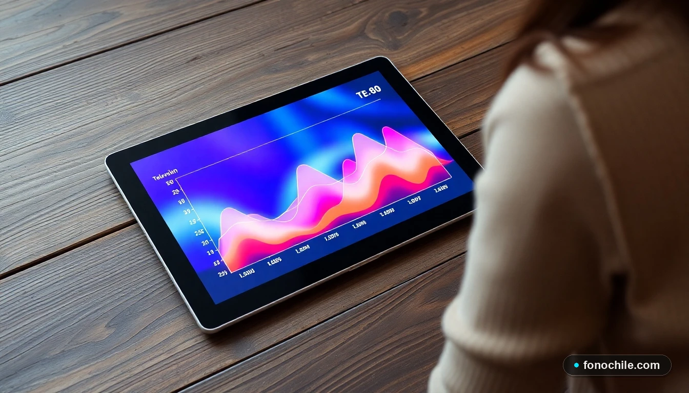 Gráfico abstracto de datos de audiencia televisiva en colores vibrantes, mostrado en una tablet sobre una mesa de madera.