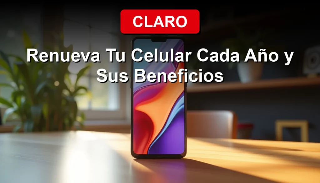 Claro Up 2026 program member smiling while looking at their new smartphone on a table next to a coffee, showcasing annual phone renewal benefits.