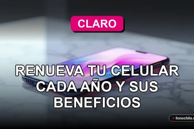 Moderno smartphone con pantalla que muestra gráficos abstractos, sobre una mesa de diseño minimalista, representando el programa Claro Up 2026.