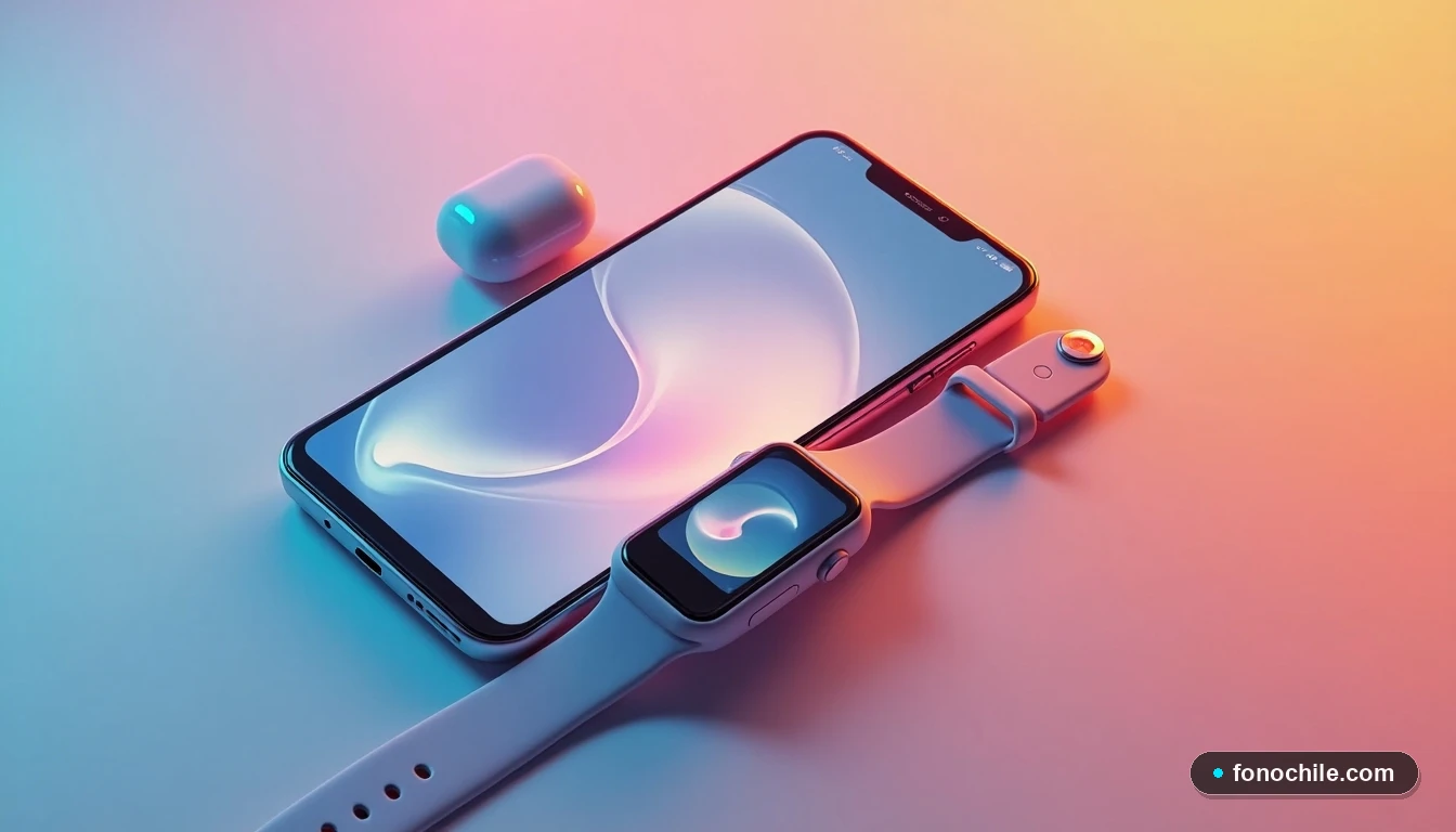 Vista aérea de un conjunto de dispositivos tecnológicos modernos - teléfono, reloj inteligente y audífonos - sobre una mesa, representando la renovación de equipos con Claro Up.