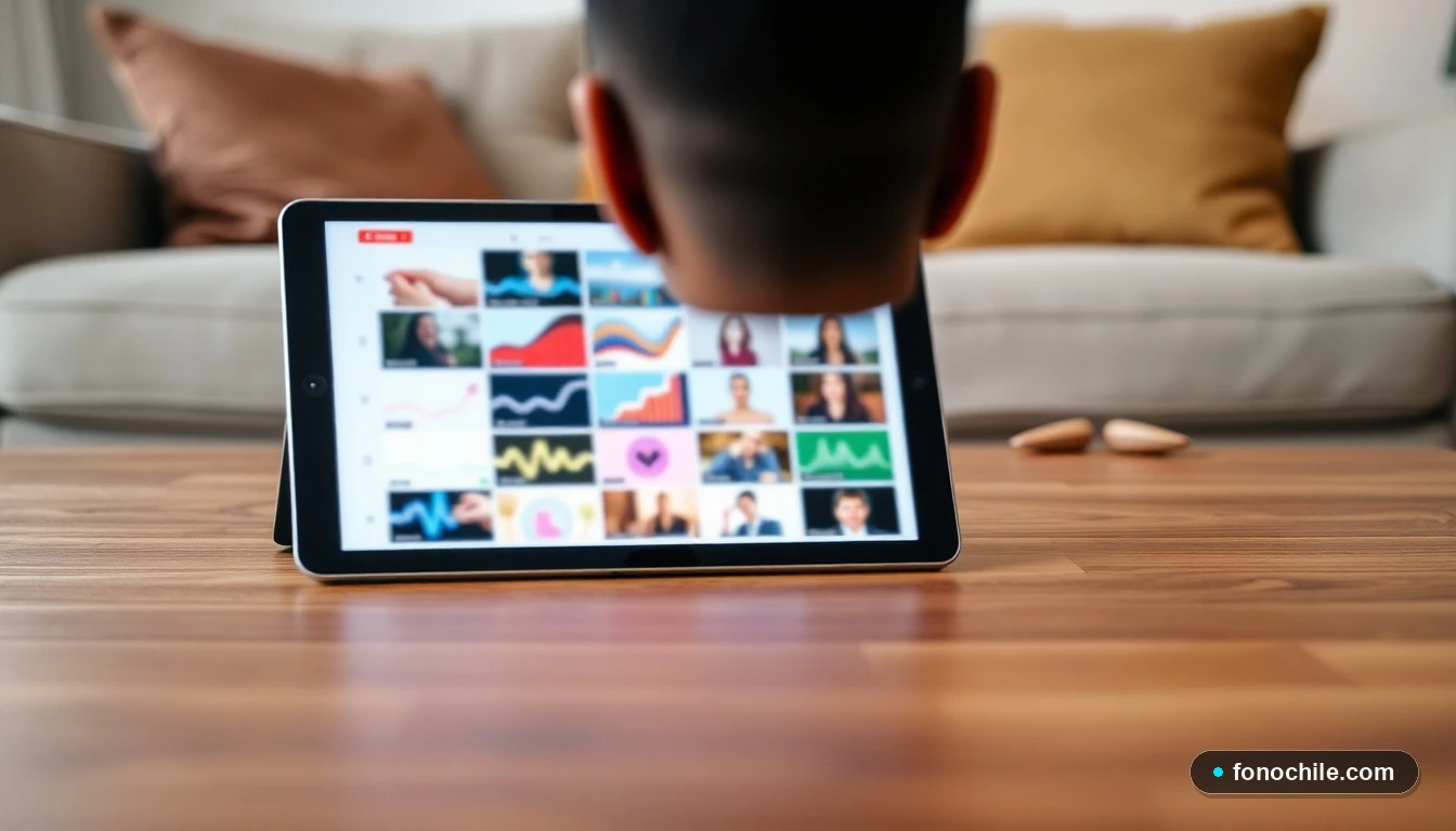 Tablet mostrando la interfaz de una aplicación de streaming con gráficos de colores en una mesa de living moderno.