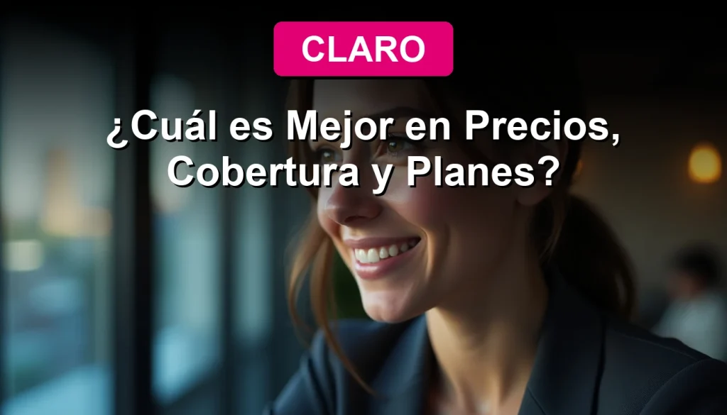 Mujer joven sonriendo con confianza mientras compara planes de telefonía móvil Claro vs WOM en su smartphone, con fondo desenfocado de oficina moderna.