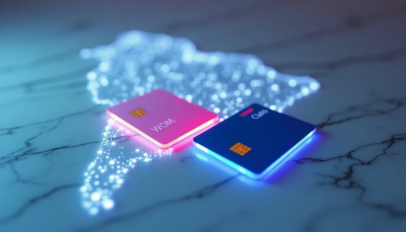 Comparativa visual de las redes Claro y WOM en Chile, representadas por tarjetas SIM y un mapa de cobertura.