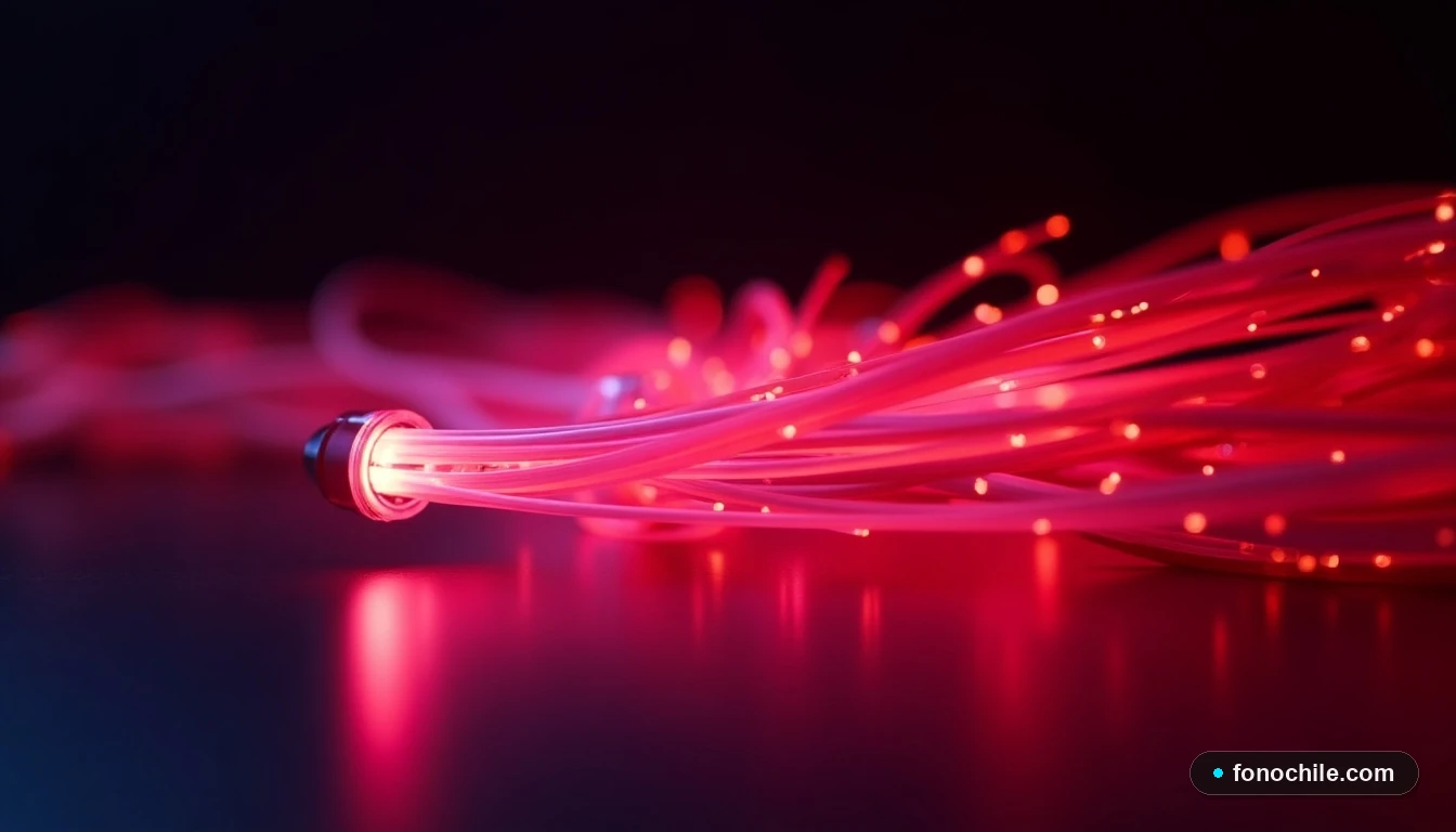 Primer plano artístico de cables de fibra óptica iluminados en rojo y magenta, representando la velocidad y cobertura de red.