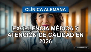 Modern hospital reception area with warm lighting and abstract medical data visualization on a screen