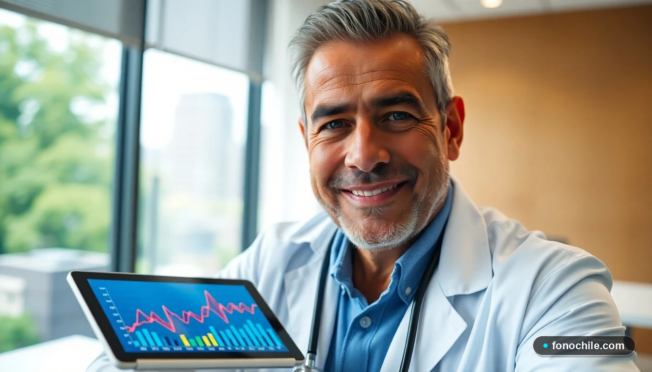 Médico experimentado en consultorio moderno analizando datos de salud en una tableta