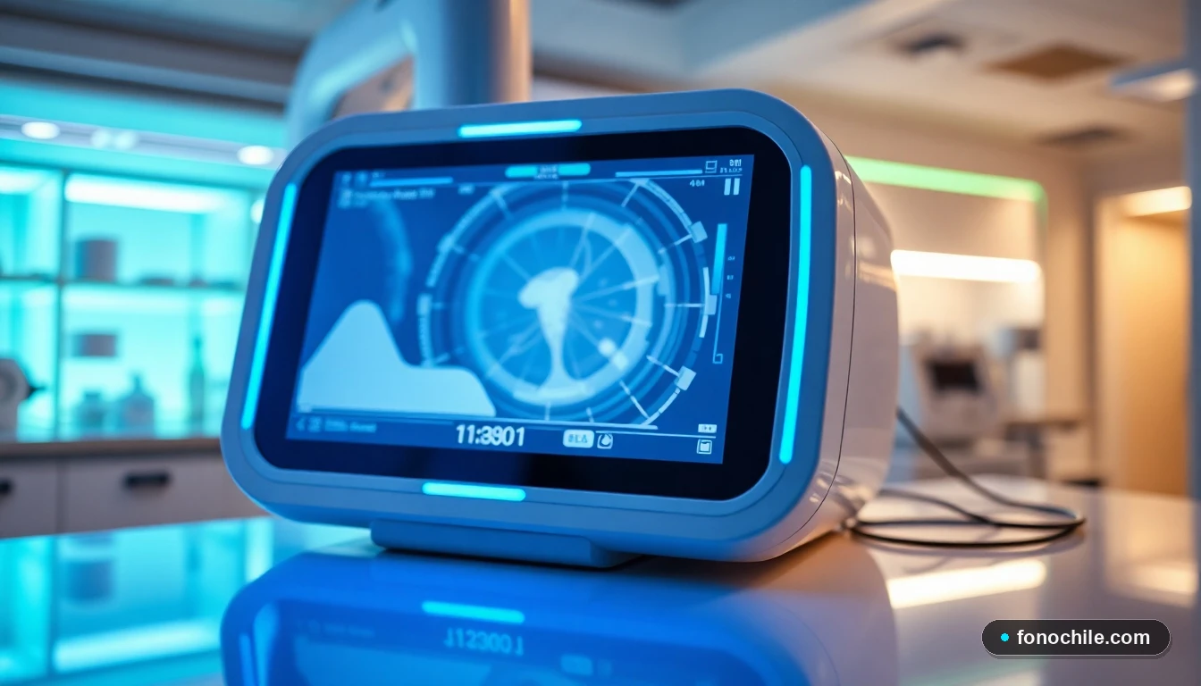 Primer plano detallado de una pantalla de tecnología médica avanzada mostrando gráficos abstractos en una clínica moderna.