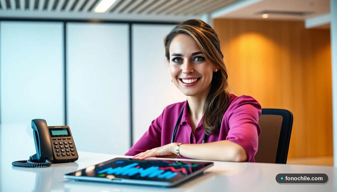 Recepcionista amable en el mostrador de Clínica Las Condes con teléfono y tablet