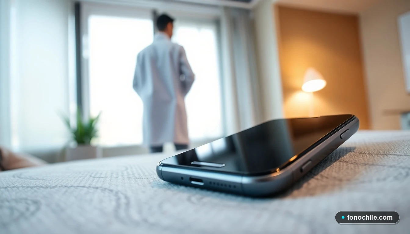 Detalle de un teléfono inteligente en una consulta médica, con un profesional de la salud al fondo, representando acceso y confianza.