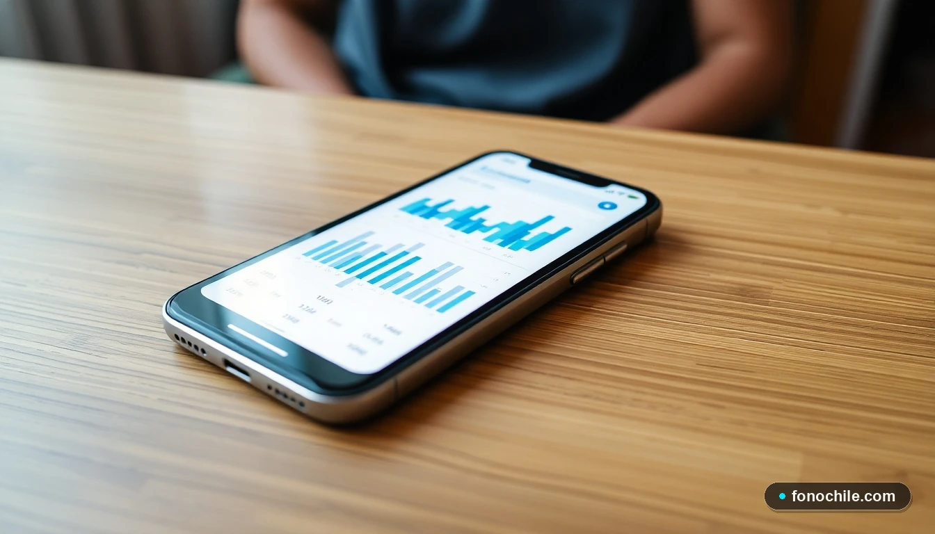 Smartphone mostrando gráficos de datos médicos abstractos sobre servicios de clínicas en Santiago de Chile.