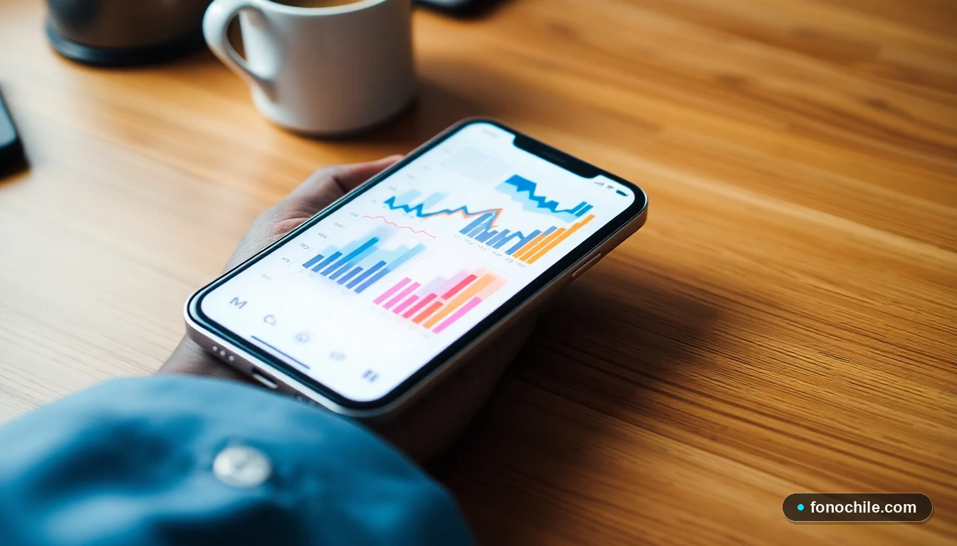 Smartphone mostrando gráficos abstractos de beneficios y puntos de un programa de fidelización de telecomunicaciones.
