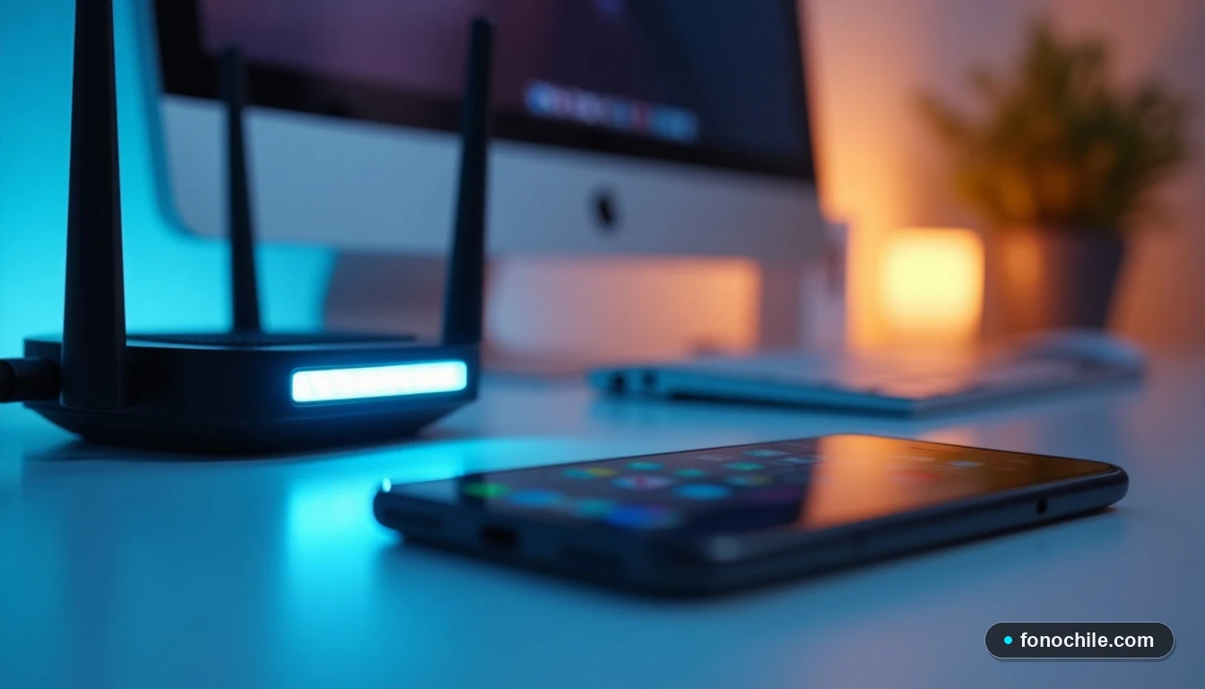 Router moderno con luz LED azul en un escritorio minimalista, con un teléfono inteligente desenfocado en primer plano, concepto de conectividad Club Movistar.
