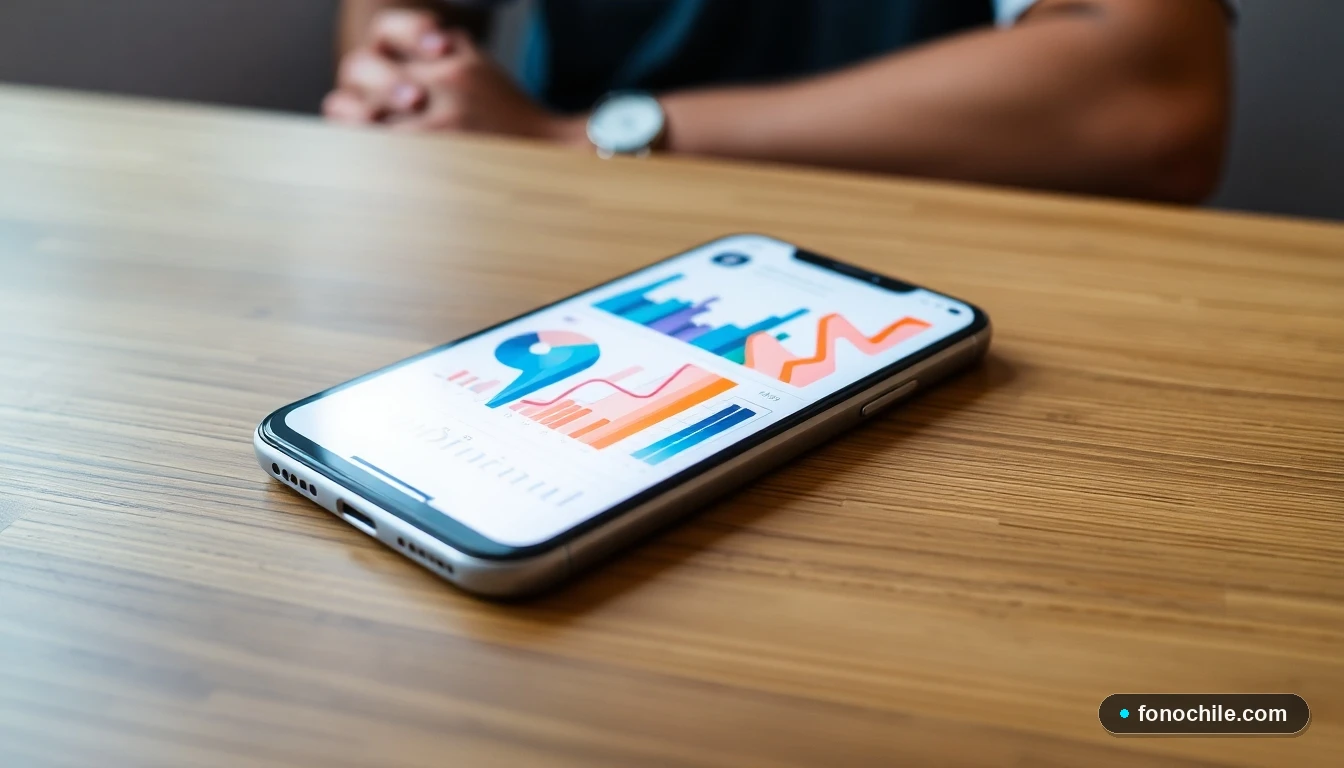 Smartphone mostrando gráficos abstractos de beneficios y descuentos de un programa de fidelización de supermercado.
