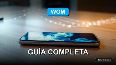 Un moderno smartphone WOM mostrando un mapa de cobertura 4G sobre un escritorio de madera, con gráficos abstractos de colores en su pantalla.