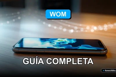 Un moderno smartphone WOM mostrando un mapa de cobertura 4G sobre un escritorio de madera, con gráficos abstractos de colores en su pantalla.