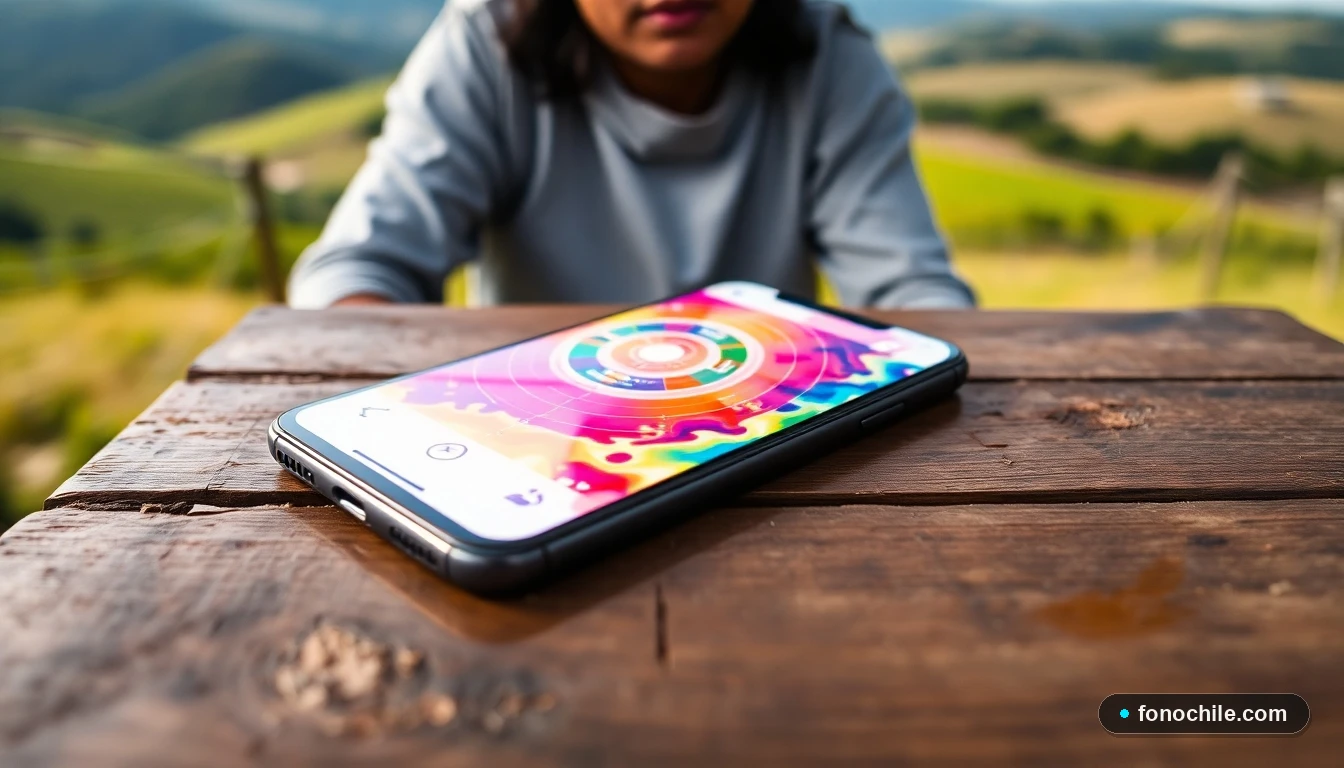 Smartphone mostrando un mapa de cobertura de red móvil abstracto y colorido sobre una mesa de madera en un entorno rural de La Araucanía.