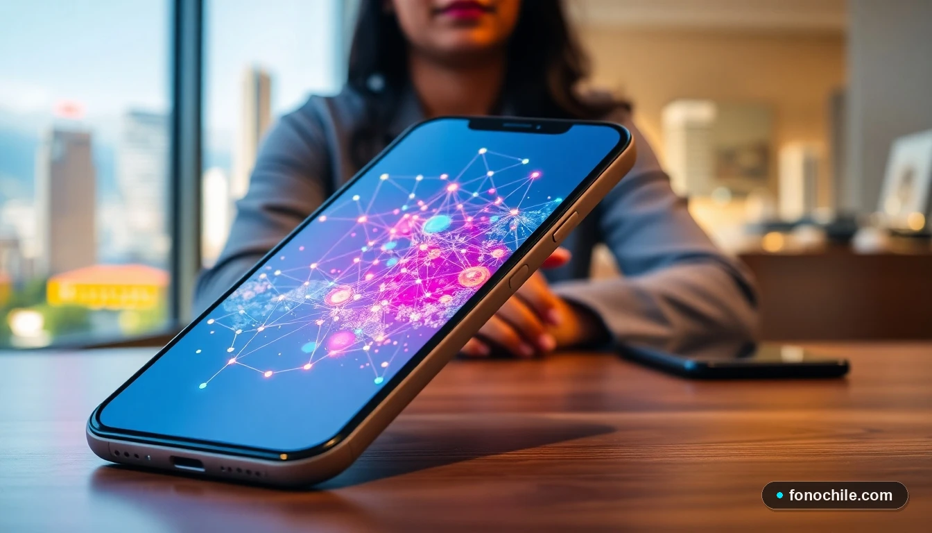 Mapa abstracto de cobertura de red 5G en un smartphone, mostrando conectividad en zonas urbanas de Chile.