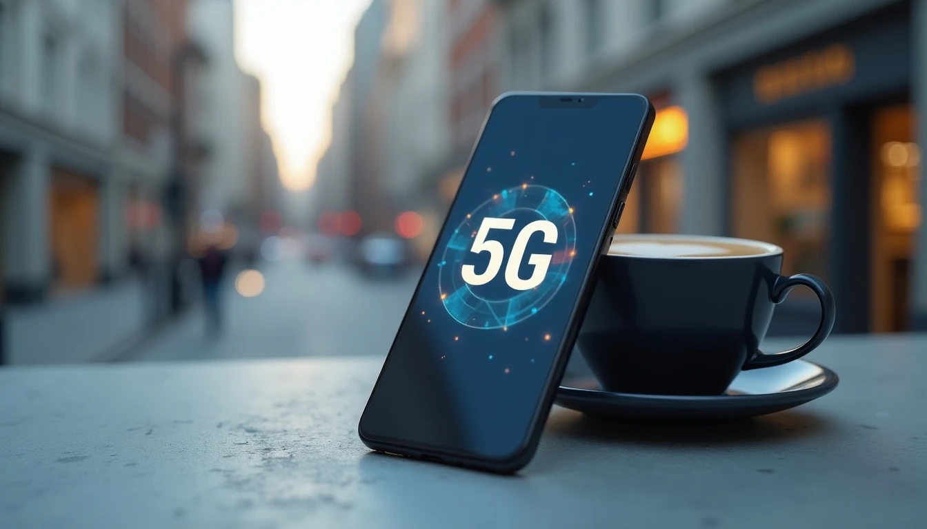 Smartphone mostrando el icono de conexión 5G de Movistar sobre una superficie moderna.