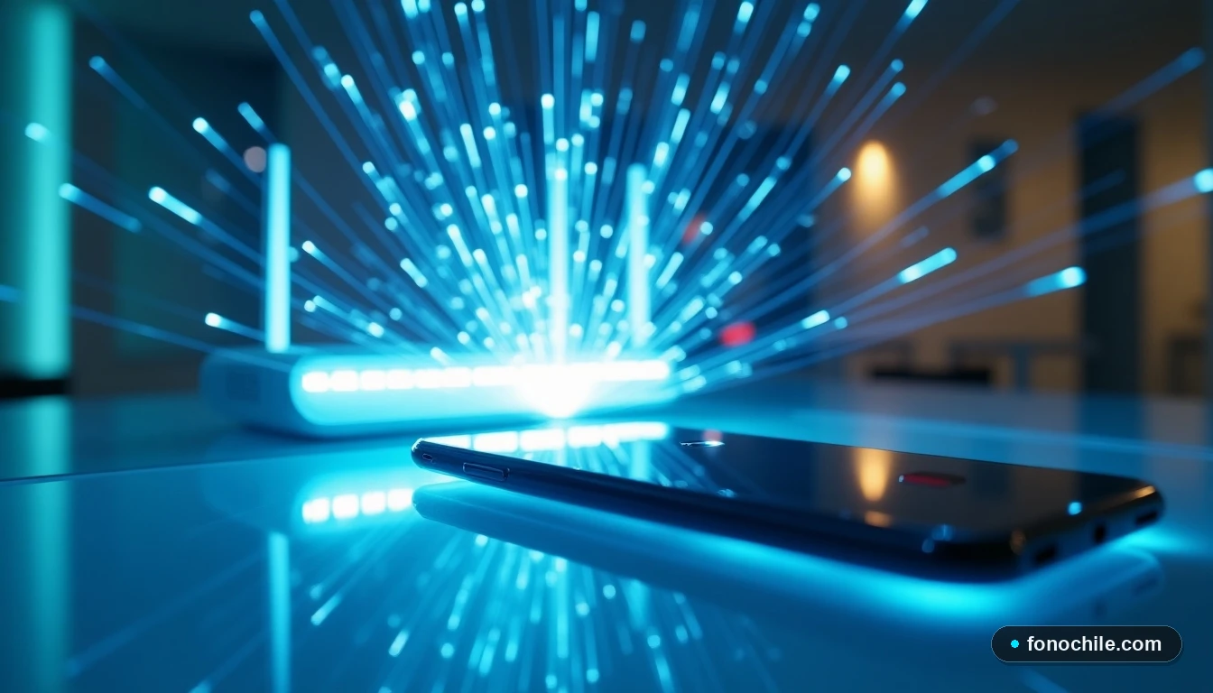 Primer plano artístico de un teléfono y router emitiendo rayos de luz azul, simbolizando la activación de la red 5G.
